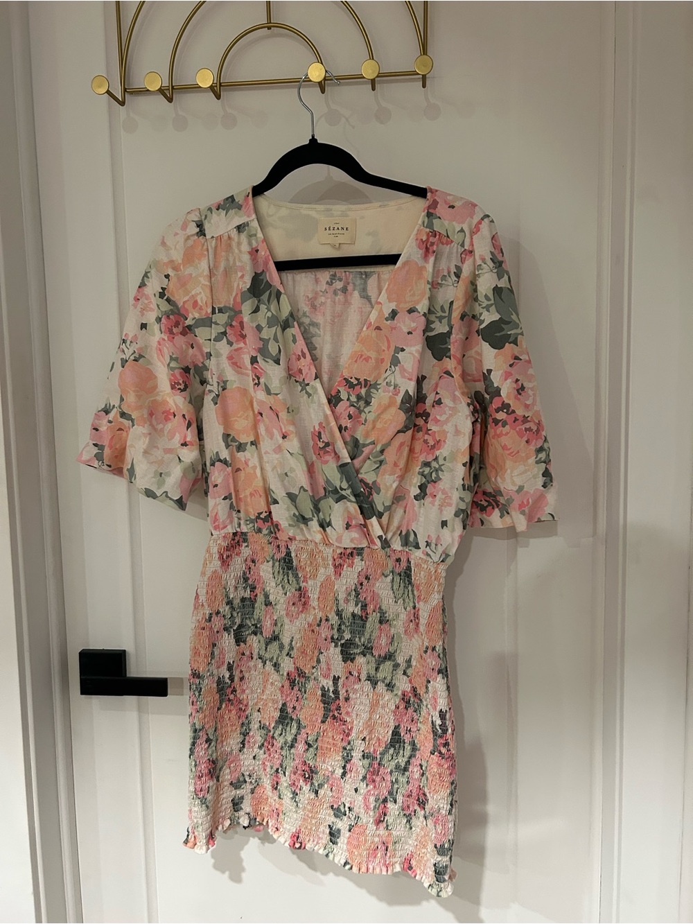 Sezane "Olga Floral" V-Neck Mini Dress with Puff Sleeves Linen Blend - Picture 2 of 9